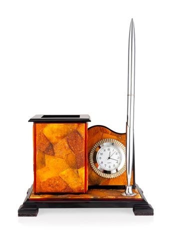 Exquisite desktop organizer crafted from natural amber, featuring a built-in timepiece and a matching amber pen, image 