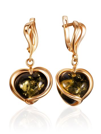 Unusual earrings with natural green amber in gold-plated silver “Heart”, image 