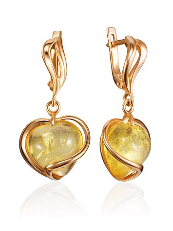 Gold-plated silver earrings with lemon amber “Heart”, image 