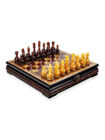 Exquisite 2-in-1 game set featuring a wooden and amber chessboard, matching chess pieces, and checkers, image 