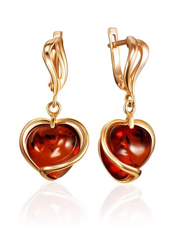 Stylish gold-plated silver earrings with natural amber “Heart”, image 