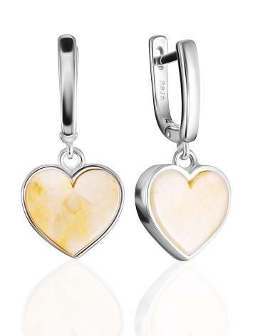 Stylish drop earrings featuring natural amber hearts, image 