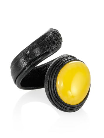 Unique Leather Ring With Amber, Ring Size: Adjustable, image 