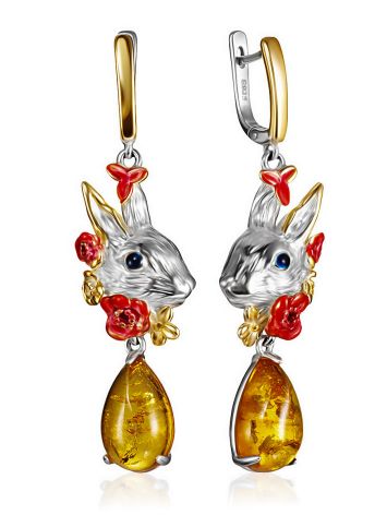Vibrant and unique "Rabbit" earrings crafted from gold-plated silver and amber, image 