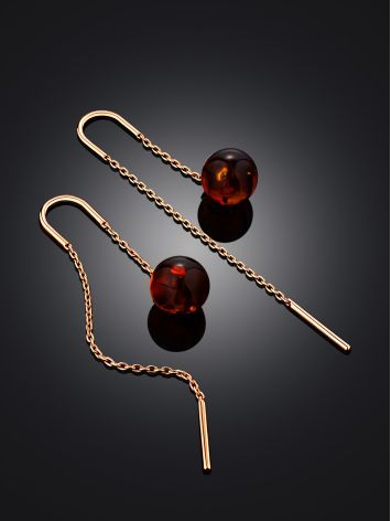 Dainty pull-through earrings with natural cognac-colored amber, image , picture 2