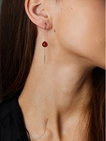 Dainty pull-through earrings with natural cognac-colored amber, image , picture 3