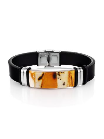 Men's leather strap bracelet featuring natural amber mosaic, image 