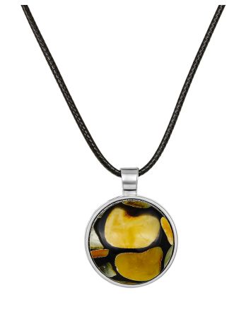 Round pendant featuring a stunning amber mosaic on a fine cord, image 