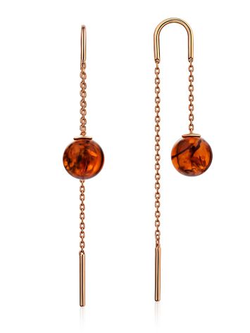 Dainty pull-through earrings with natural cognac-colored amber, image 
