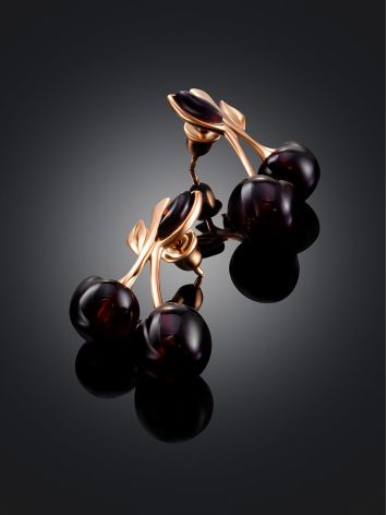 Charming gold-plated Cherry stud earrings featuring natural cherry amber, image , picture 2