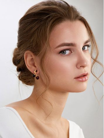 Charming gold-plated Cherry stud earrings featuring natural cherry amber, image , picture 3