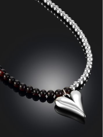 Stylish choker made of hematite and cognac amber with a volume heart pendant, image , picture 2