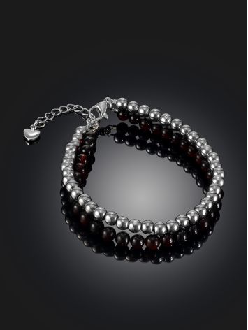Double-strand bracelet made of hematite and natural amber with a heart pendant, image , picture 2