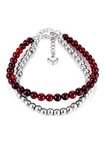 Double-strand bracelet made of hematite and natural amber with a heart pendant, image 