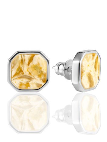 Elegant silver stud earrings with natural amber., image 