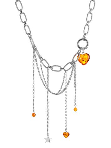 Layered choker necklace made of jewelry alloy with natural amber, image 