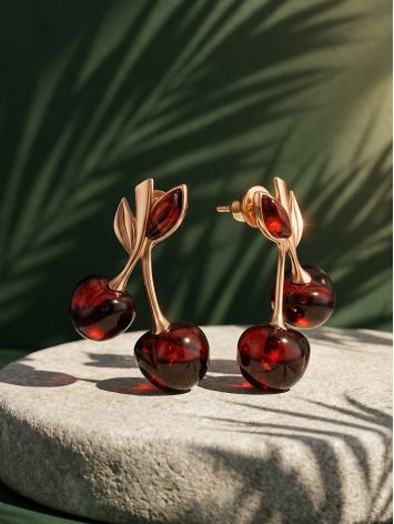 Charming gold-plated Cherry stud earrings featuring natural cherry amber, image , picture 4