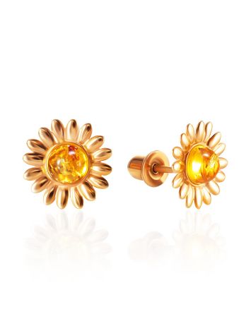 Miniature gold-plated daisy stud earrings with lemon amber, image 