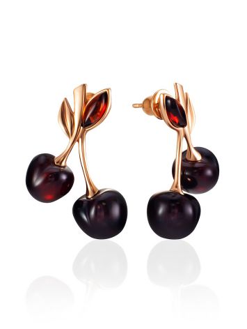 Charming gold-plated Cherry stud earrings featuring natural cherry amber, image 