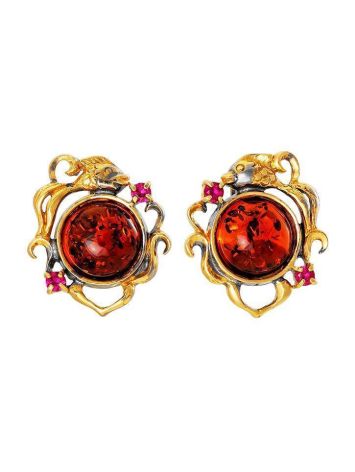 Round Gold-Plated Earrings With Cognac Amber And Crystals The Pompadour, image 