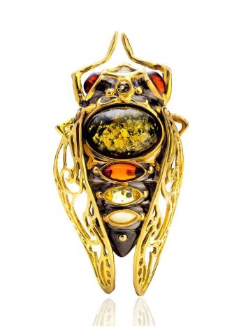 Fabulous Gold Plated Brooch With Multicolor Amber The Cicade, image 