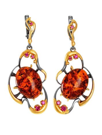 Drop Gold-Plated Earrings With Cognac Amber And Crystals The Pompadour, image 