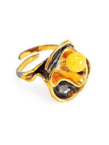 Bold Gold-Plated Ring With Honey Amber The Turandot, Ring Size: Adjustable, image 
