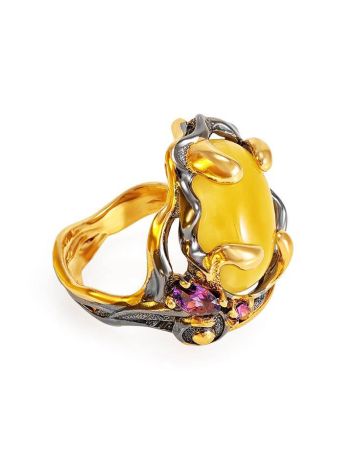 Bold Adjustable Honey Amber Ring In Gold-Plated Silver With Crystals The Pompadour, Ring Size: Adjustable, image 