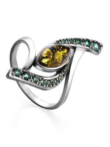 Sterling Silver Amber Ring With Green Crystals The Raphael, Ring Size: 5.5 / 16, image 
