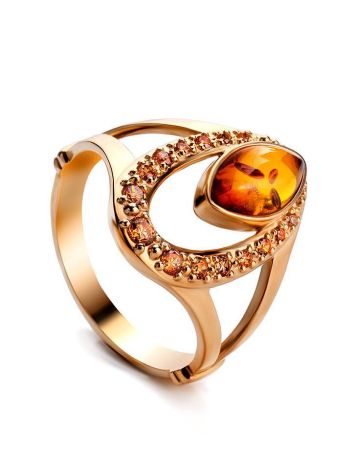 Amber Ring In Gold With Crystals The Raphael, Ring Size: 6.5 / 17, image 