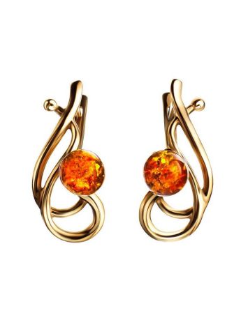 Gold-Plated Earrings With Bright Cognac Amber The Flamenco, image 