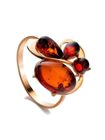 Cognac Amber Ring In Gold Plated Silver The Symphony, Ring Size: 5 / 15.5, image 