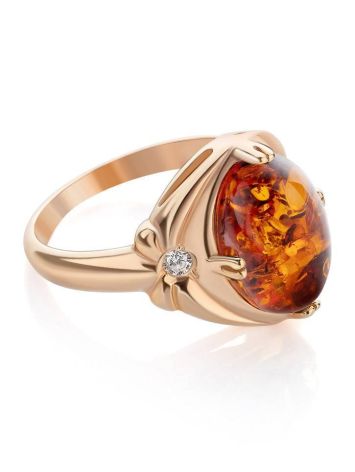 Cognac Amber Ring In Gold-Plated Silver With Crystals The Albertina, Ring Size: 11.5 / 21, image 