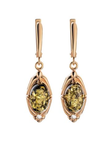 Drop Gold-Plated Earrings With Green Amber And Crystals The Albertina, image 