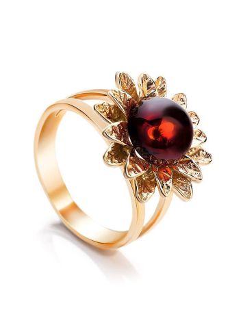 Gold-Plated Ring With Bright Cherry Amber The Aster, Ring Size: 11 / 20.5, image 