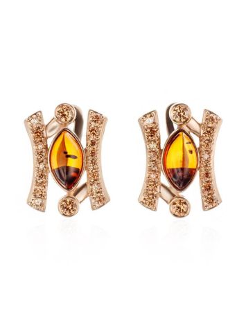 Cognac Amber Earrings In Gold With Champagne Crystals The Raphael, image 