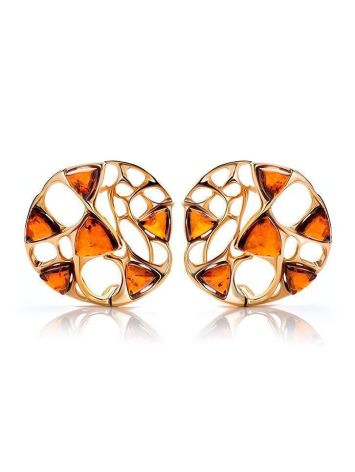 Round Gold-Plated Earrings With Cognac Amber The Domino, image 