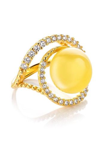 Bold Gold-Plated Cocktail Ring With Honey Amber And Crystals The Venus, Ring Size: 7 / 17.5, image 