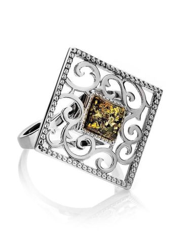 Cocktail Silver Ring With Green Amber The Arabesque, Ring Size: 11 / 20.5, image 