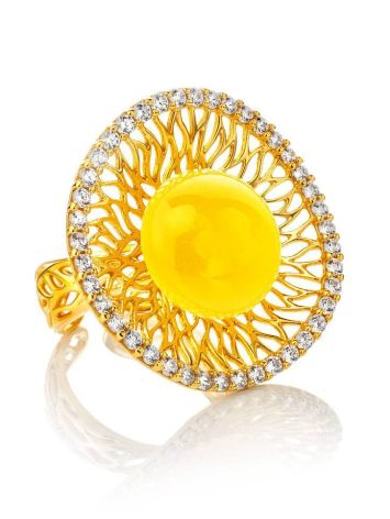 Fabulous Honey Amber Ring In Gold-Plated Silver With Crystals The Venus, Ring Size: Adjustable, image 