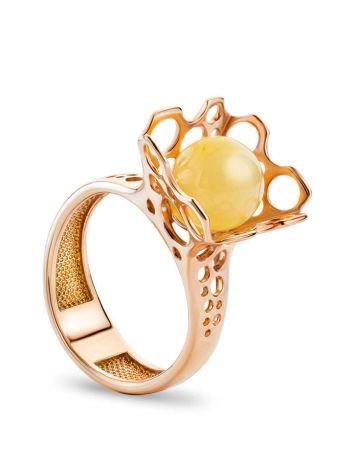 Gold-Plated Ring With Round Cut Honey Amber The Geneva, Ring Size: 6.5 / 17, image 