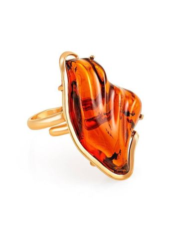 Gold-Plated Silver Ring With Cognac Amber The Lagoon, Ring Size: Adjustable, image 
