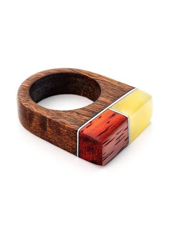 Handcrafted Amber Ring With Multicolor Wood The Indonesia, Ring Size: 7 / 17.5, image 