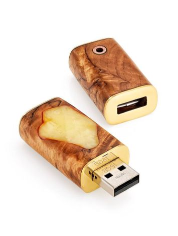 32 Gb Handmade Flash Drive Necklace With Honey Amber And Birch Wood The Indonesia, image 