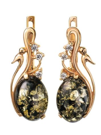 Gold-Plated Earrings With Green Amber And Crystals The Swan, image 