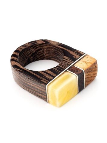 Multicolor Handcrafted Wooden Ring With Bright Honey Amber The Indonesia, Ring Size: 5.5 / 16, image 