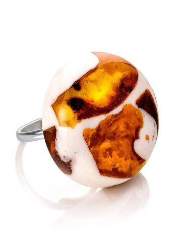 Adjustable Ring With Cognac Amber And White Polymer The Dalmatian, Ring Size: Adjustable, image 
