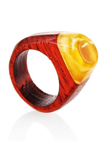 Handcrafted Padauk Wood Ring With Honey Amber The Indonesia, Ring Size: 7 / 17.5, image 