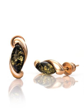 Lovely Gold-Plated Stud Earrings With Green Amber The Iolanta, image 