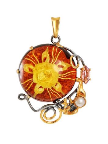 Cherry Amber Pendant In Gold-Plated Silver With Cultured Pearl And Crystals The Triumph, image 